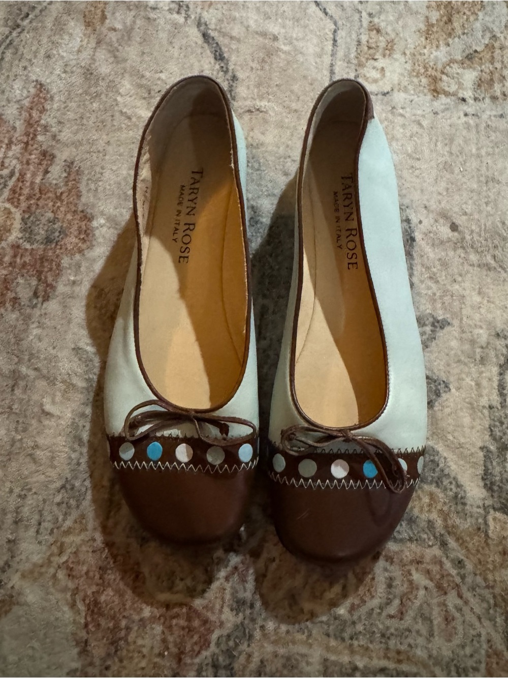 Taryn Rose Two-Tone Cream and Brown Leather Ballet Flats with Blue Dot Accents